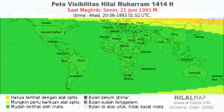 HilalMap: Peta Visibilitas Hilal Muharram 1414 H: rukyat tanggal 1993-6-21 M