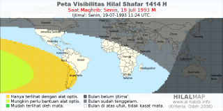 HilalMap: Peta Visibilitas Hilal Shafar 1414 H: rukyat tanggal 1993-7-19 M