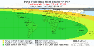 HilalMap: Peta Visibilitas Hilal Shafar 1414 H: rukyat tanggal 1993-7-20 M