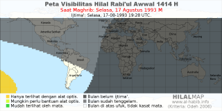 HilalMap: Peta Visibilitas Hilal Rabiul-Awwal 1414 H: rukyat tanggal 1993-8-17 M