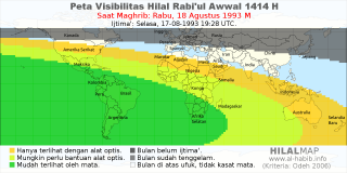 HilalMap: Peta Visibilitas Hilal Rabiul-Awwal 1414 H: rukyat tanggal 1993-8-18 M