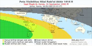 HilalMap: Peta Visibilitas Hilal Rabiul-Akhir 1414 H: rukyat tanggal 1993-9-16 M