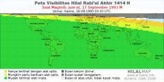 HilalMap: Peta Visibilitas Hilal Rabiul-Akhir 1414 H: rukyat tanggal 1993-9-17 M