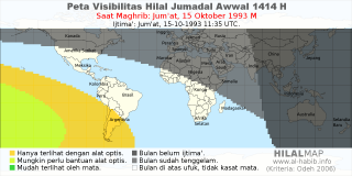 HilalMap: Peta Visibilitas Hilal Jumadal-Awwal 1414 H: rukyat tanggal 1993-10-15 M