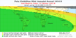 HilalMap: Peta Visibilitas Hilal Jumadal-Awwal 1414 H: rukyat tanggal 1993-10-16 M