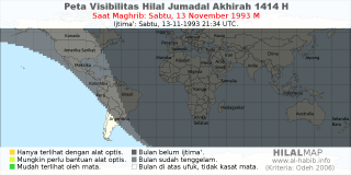 HilalMap: Peta Visibilitas Hilal Jumadal-Akhirah 1414 H: rukyat tanggal 1993-11-13 M