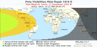 HilalMap: Peta Visibilitas Hilal Rajab 1414 H: rukyat tanggal 1993-12-13 M