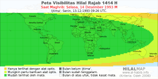 HilalMap: Peta Visibilitas Hilal Rajab 1414 H: rukyat tanggal 1993-12-14 M