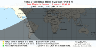 HilalMap: Peta Visibilitas Hilal Syaban 1414 H: rukyat tanggal 1994-1-11 M