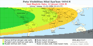 HilalMap: Peta Visibilitas Hilal Syaban 1414 H: rukyat tanggal 1994-1-12 M