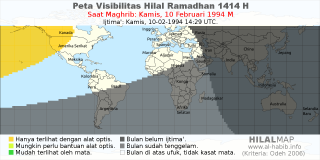 HilalMap: Peta Visibilitas Hilal Ramadhan 1414 H: rukyat tanggal 1994-2-10 M