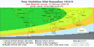 HilalMap: Peta Visibilitas Hilal Ramadhan 1414 H: rukyat tanggal 1994-2-11 M