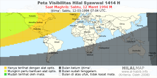 HilalMap: Peta Visibilitas Hilal Syawwal 1414 H: rukyat tanggal 1994-3-12 M