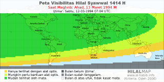 HilalMap: Peta Visibilitas Hilal Syawwal 1414 H: rukyat tanggal 1994-3-13 M