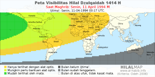 HilalMap: Peta Visibilitas Hilal Dzulqaidah 1414 H: rukyat tanggal 1994-4-11 M