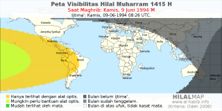 HilalMap: Peta Visibilitas Hilal Muharram 1415 H: rukyat tanggal 1994-6-9 M