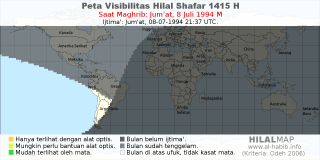 HilalMap: Peta Visibilitas Hilal Shafar 1415 H: rukyat tanggal 1994-7-8 M