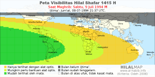 HilalMap: Peta Visibilitas Hilal Shafar 1415 H: rukyat tanggal 1994-7-9 M
