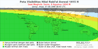HilalMap: Peta Visibilitas Hilal Rabiul-Awwal 1415 H: rukyat tanggal 1994-8-8 M