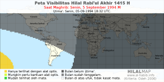 HilalMap: Peta Visibilitas Hilal Rabiul-Akhir 1415 H: rukyat tanggal 1994-9-5 M