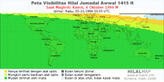HilalMap: Peta Visibilitas Hilal Jumadal-Awwal 1415 H: rukyat tanggal 1994-10-6 M