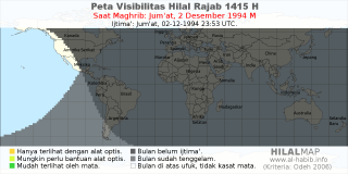 HilalMap: Peta Visibilitas Hilal Rajab 1415 H: rukyat tanggal 1994-12-2 M