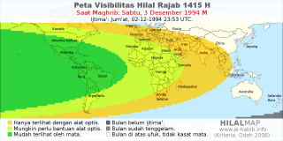 HilalMap: Peta Visibilitas Hilal Rajab 1415 H: rukyat tanggal 1994-12-3 M
