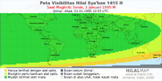 HilalMap: Peta Visibilitas Hilal Syaban 1415 H: rukyat tanggal 1995-1-2 M