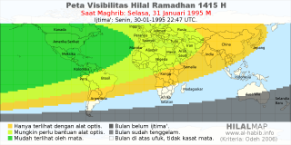 HilalMap: Peta Visibilitas Hilal Ramadhan 1415 H: rukyat tanggal 1995-1-31 M