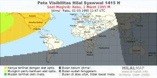 HilalMap: Peta Visibilitas Hilal Syawwal 1415 H: rukyat tanggal 1995-3-1 M