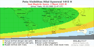 HilalMap: Peta Visibilitas Hilal Syawwal 1415 H: rukyat tanggal 1995-3-2 M