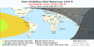 HilalMap: Peta Visibilitas Hilal Muharram 1416 H: rukyat tanggal 1995-5-29 M
