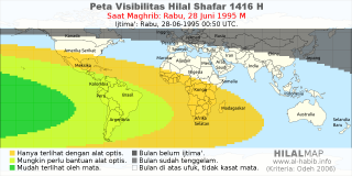 HilalMap: Peta Visibilitas Hilal Shafar 1416 H: rukyat tanggal 1995-6-28 M