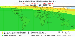 HilalMap: Peta Visibilitas Hilal Shafar 1416 H: rukyat tanggal 1995-6-29 M
