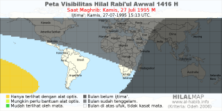 HilalMap: Peta Visibilitas Hilal Rabiul-Awwal 1416 H: rukyat tanggal 1995-7-27 M