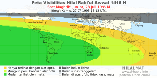 HilalMap: Peta Visibilitas Hilal Rabiul-Awwal 1416 H: rukyat tanggal 1995-7-28 M