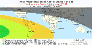 HilalMap: Peta Visibilitas Hilal Rabiul-Akhir 1416 H: rukyat tanggal 1995-8-26 M