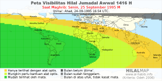 HilalMap: Peta Visibilitas Hilal Jumadal-Awwal 1416 H: rukyat tanggal 1995-9-25 M
