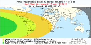 HilalMap: Peta Visibilitas Hilal Jumadal-Akhirah 1416 H: rukyat tanggal 1995-10-24 M