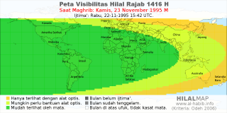 HilalMap: Peta Visibilitas Hilal Rajab 1416 H: rukyat tanggal 1995-11-23 M
