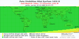 HilalMap: Peta Visibilitas Hilal Syaban 1416 H: rukyat tanggal 1995-12-23 M