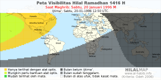 HilalMap: Peta Visibilitas Hilal Ramadhan 1416 H: rukyat tanggal 1996-1-20 M