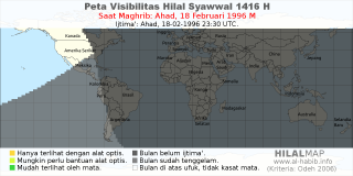 HilalMap: Peta Visibilitas Hilal Syawwal 1416 H: rukyat tanggal 1996-2-18 M