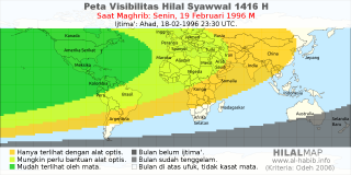 HilalMap: Peta Visibilitas Hilal Syawwal 1416 H: rukyat tanggal 1996-2-19 M