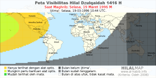 HilalMap: Peta Visibilitas Hilal Dzulqaidah 1416 H: rukyat tanggal 1996-3-19 M