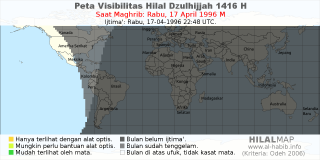 HilalMap: Peta Visibilitas Hilal Dzulhijjah 1416 H: rukyat tanggal 1996-4-17 M