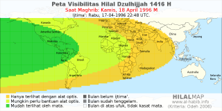 HilalMap: Peta Visibilitas Hilal Dzulhijjah 1416 H: rukyat tanggal 1996-4-18 M