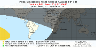 HilalMap: Peta Visibilitas Hilal Rabiul-Awwal 1417 H: rukyat tanggal 1996-7-15 M