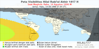 HilalMap: Peta Visibilitas Hilal Rabiul-Akhir 1417 H: rukyat tanggal 1996-8-14 M