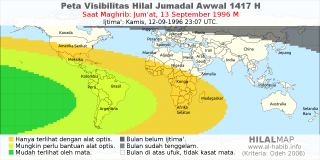 HilalMap: Peta Visibilitas Hilal Jumadal-Awwal 1417 H: rukyat tanggal 1996-9-13 M